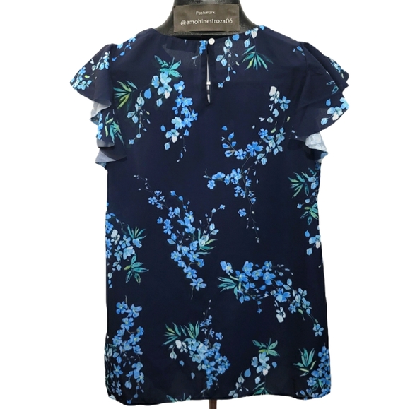 T Tahari Womens Navy Floral Print Ruffled Blouse T - Picture 5 of 7